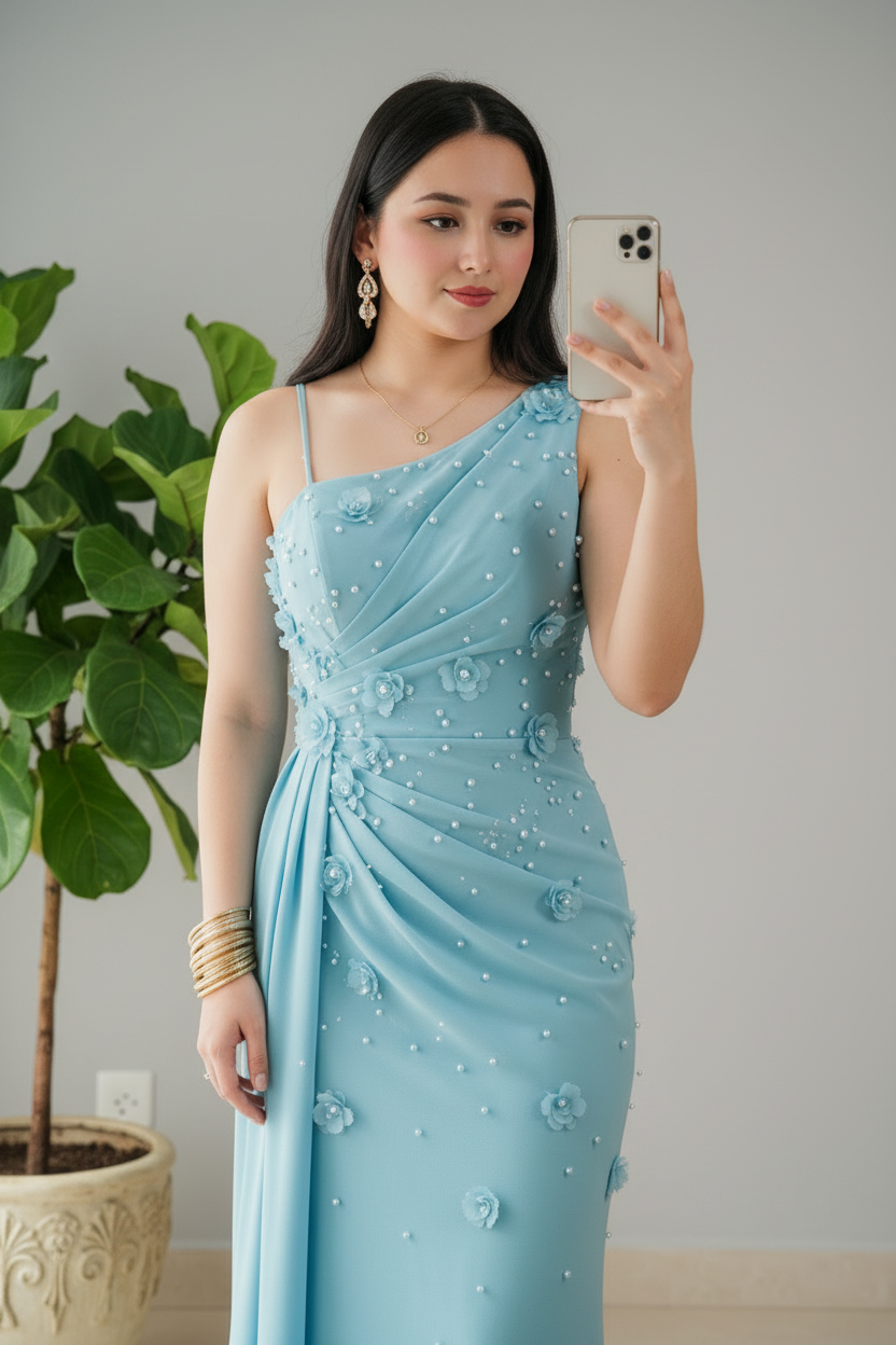 Vestido Azul Cielo One Shoulder con Flores 3D y Perlas cod.370