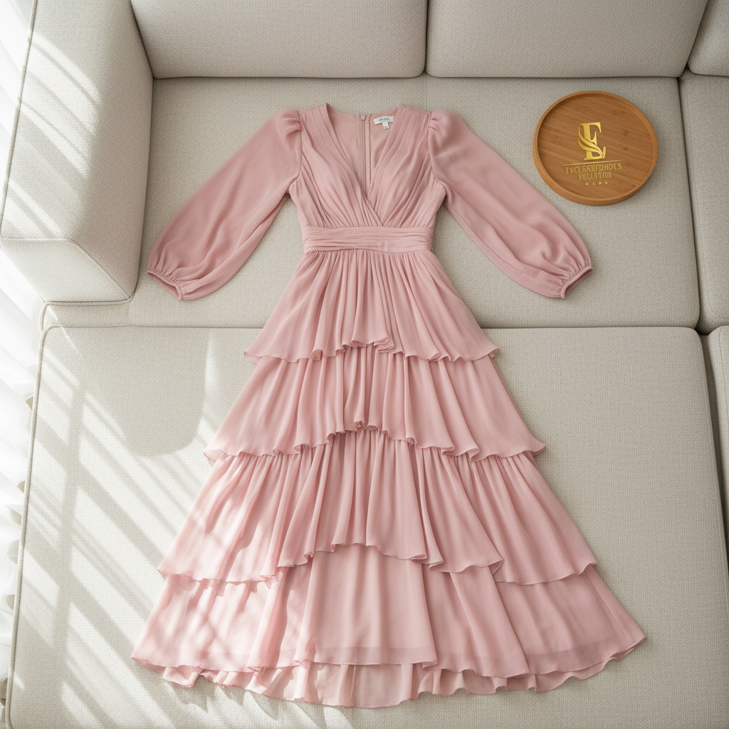 Vestido Romántico Rosa Palo con Volantes en Capas y Mangas Globo - Elegante Largo cod.356