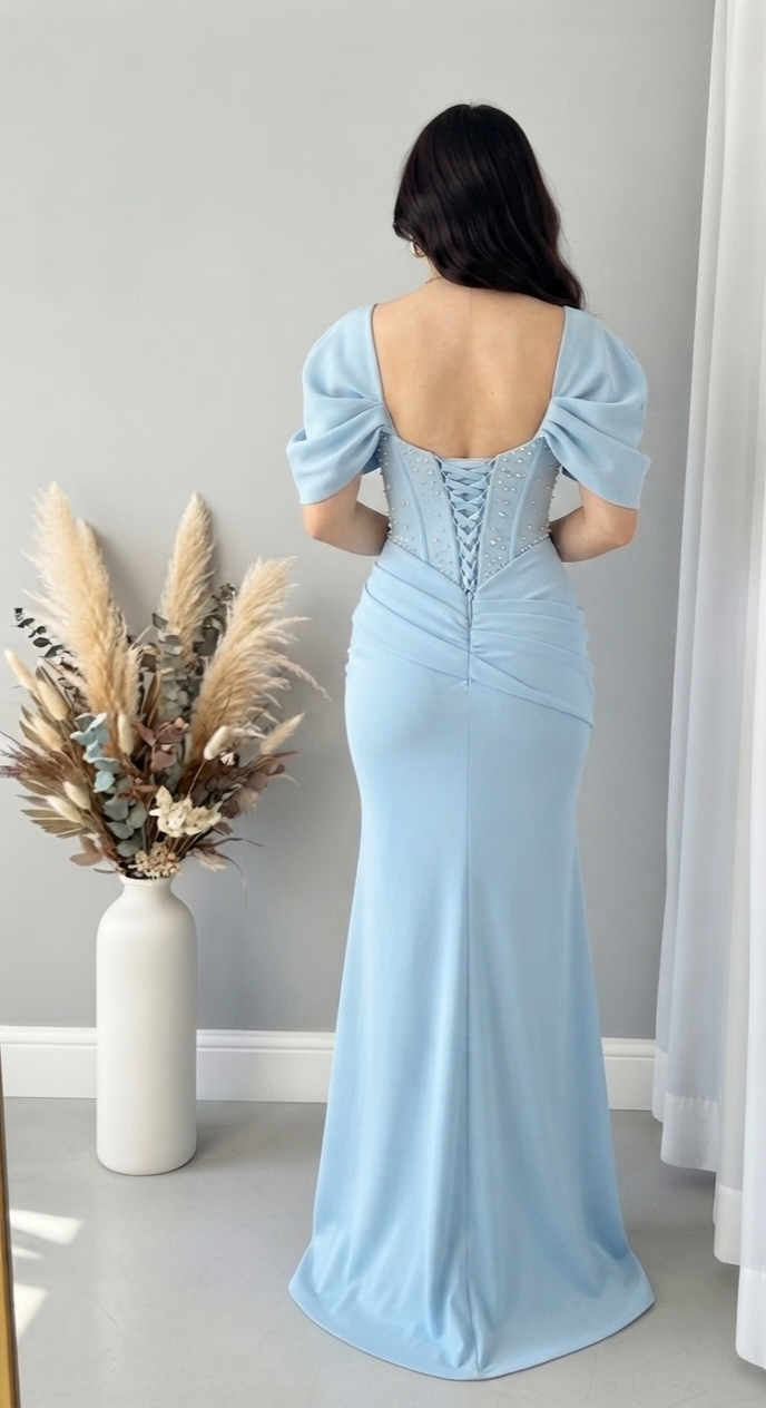 Vestido Azul Cielo Sirena con Corset de Perlas y Manga Globo cod.V820