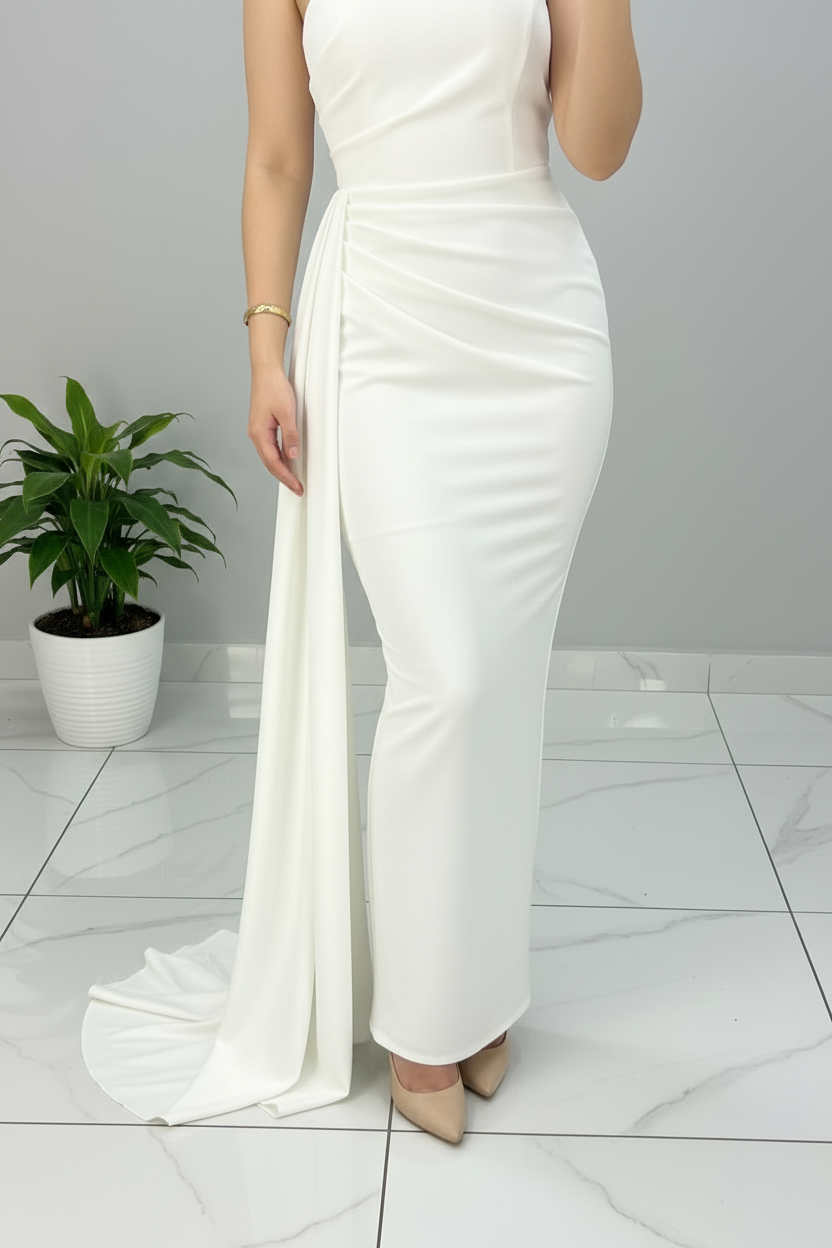 Vestido Blanco Largo Un Hombro con Drapeado Lateral y Cola de Chifón cod.491