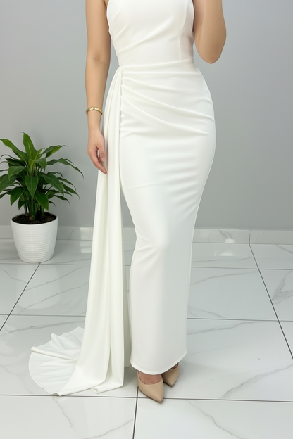 Vestido Blanco Largo Un Hombro con Drapeado Lateral y Cola de Chifón cod.491