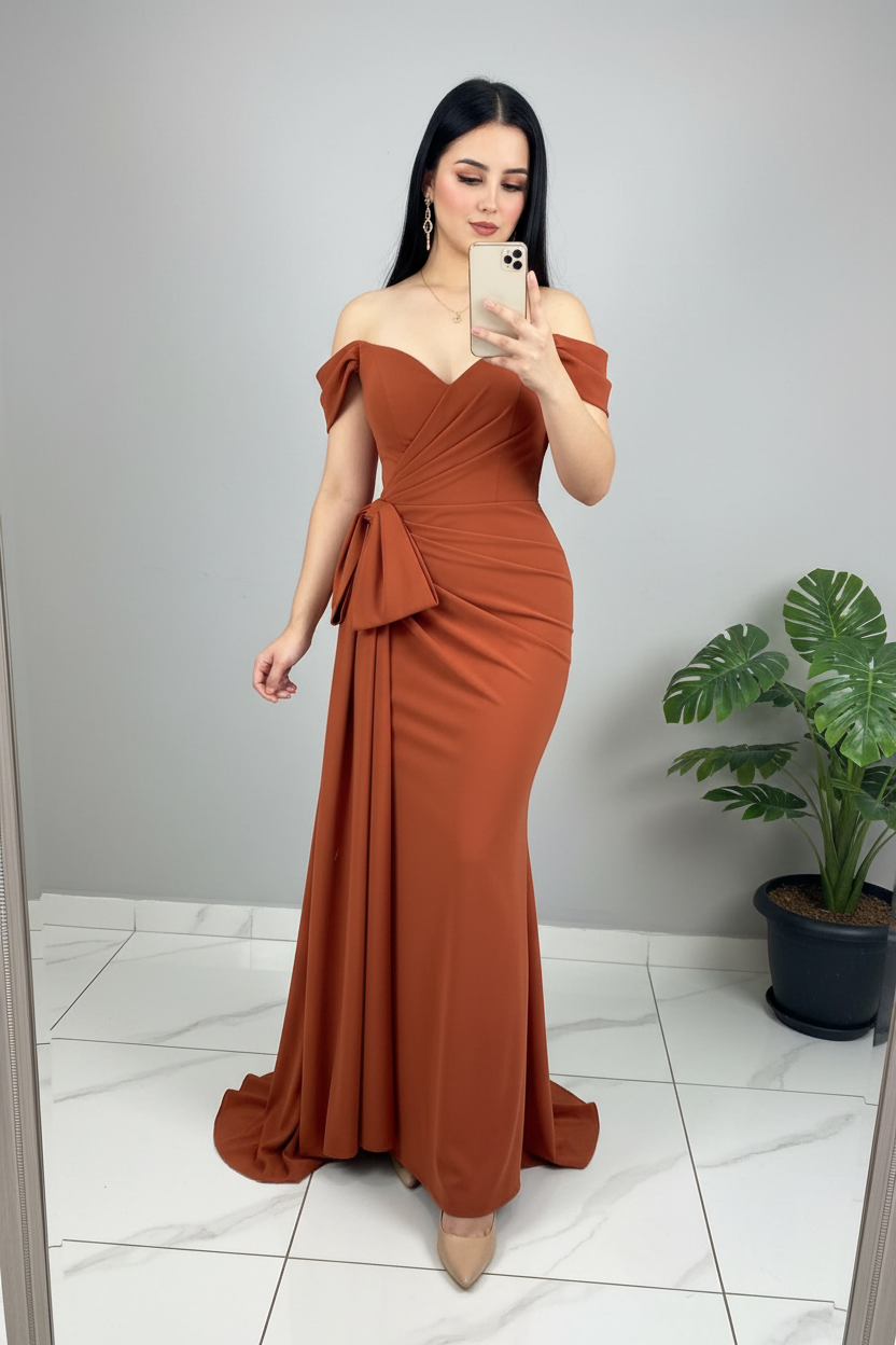 Vestido Sirena Terracota Off-Shoulder con Lazo cod.638