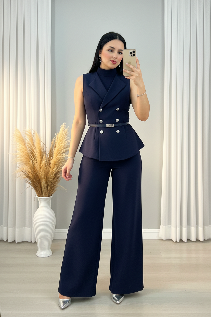 Conjunto Azul Marino Chaleco Blazer Doble Botonadura + Palazzo cod.00179