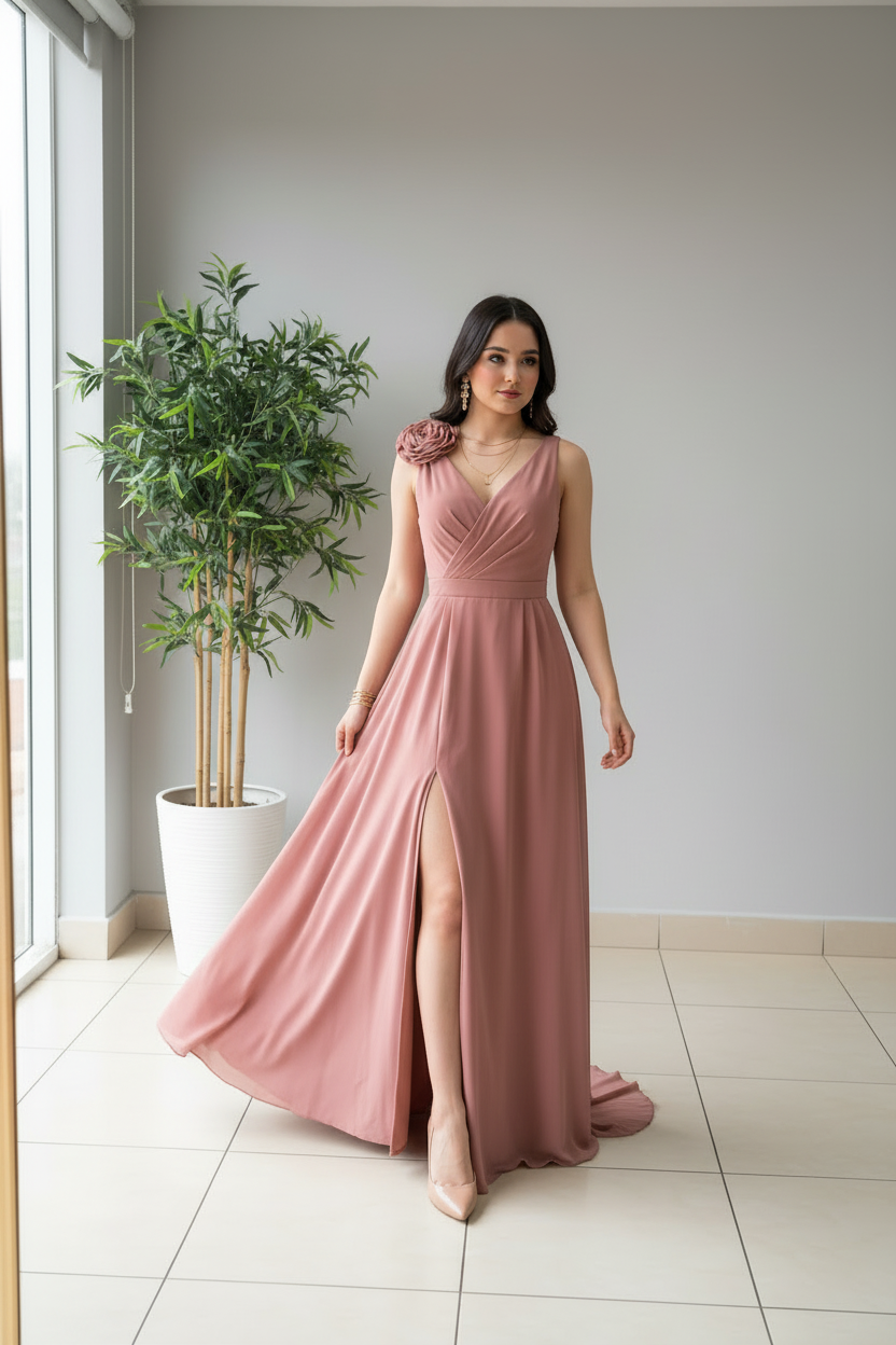 Vestido Largo Rosa Palo con Rosa 3D en el Hombro y Abertura Frontal cod.424