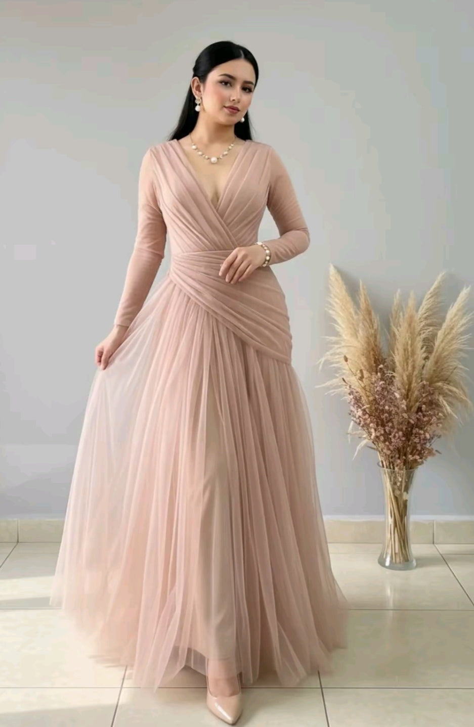 Vestido Rosa Palo Tul Escote V Cruzado cod.V0014