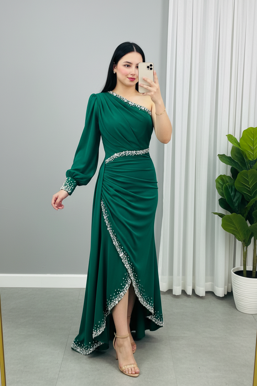 Vestido Verde Esmeralda Un Hombro Cinturón Perlas | VE-022