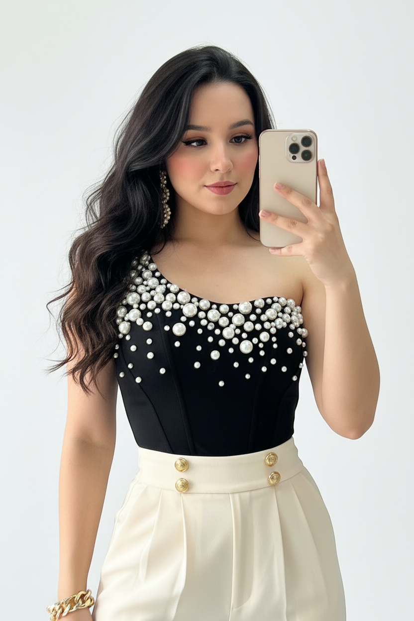 Conjunto Elegante: Top Negro con Perlas Blancas + Pantalón Blanco Pierna Ancha - Sofisticado cod.341
