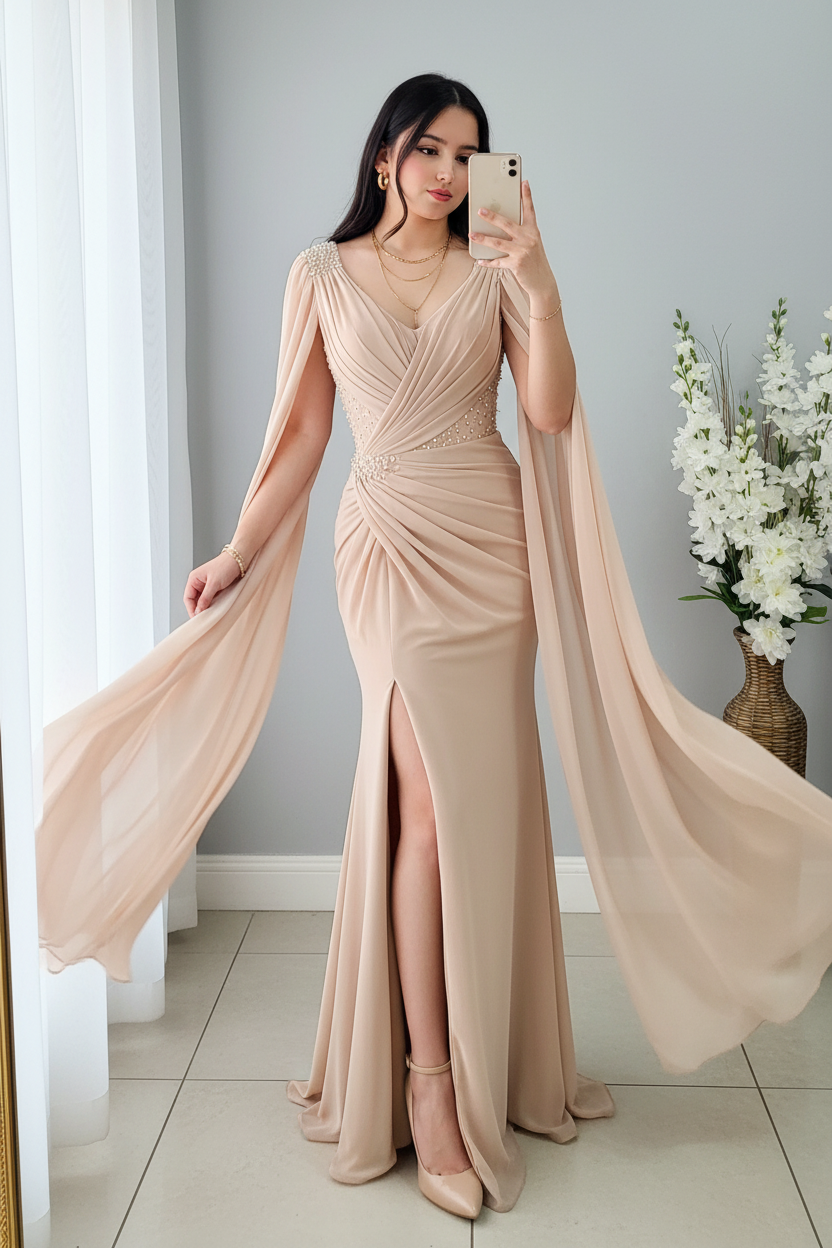 Vestido Sirena Nude Champagne | V-Neck Drapeado con Perlas y Mangas Capa cod.V512