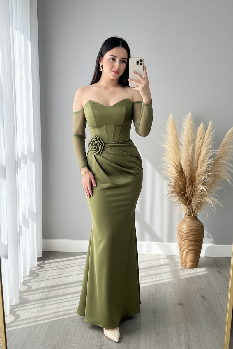 Vestido Verde Olivo Off-Shoulder Manga Tul Rosa D cod.V430