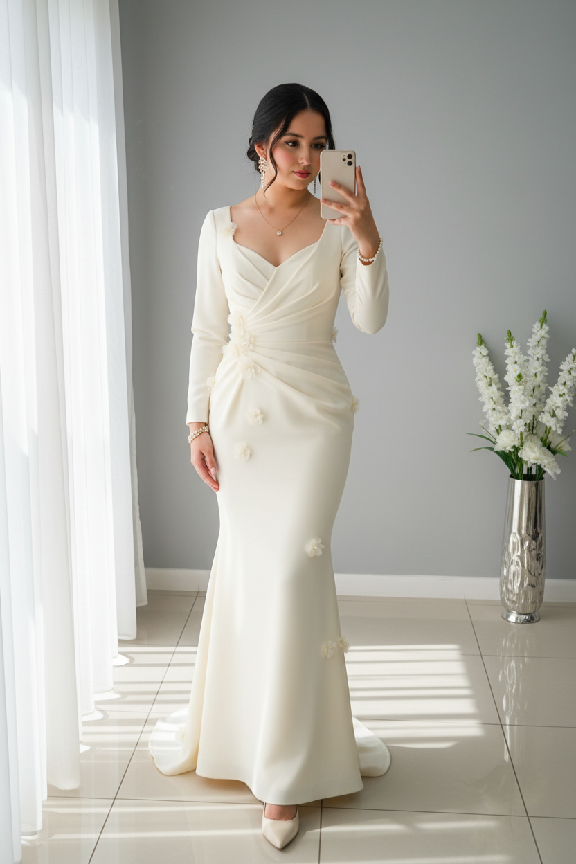 Vestido Blanco Marfil Manga Larga Sirena con Rosas D cod.V535