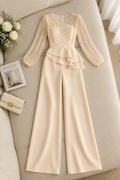 Conjunto Cream Top Tul Perlas Manga Larga Peplum + Pantalón Recto cod.CJ001