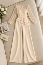 Conjunto Cream Top Tul Perlas Manga Larga Peplum + Pantalón Recto cod.CJ001