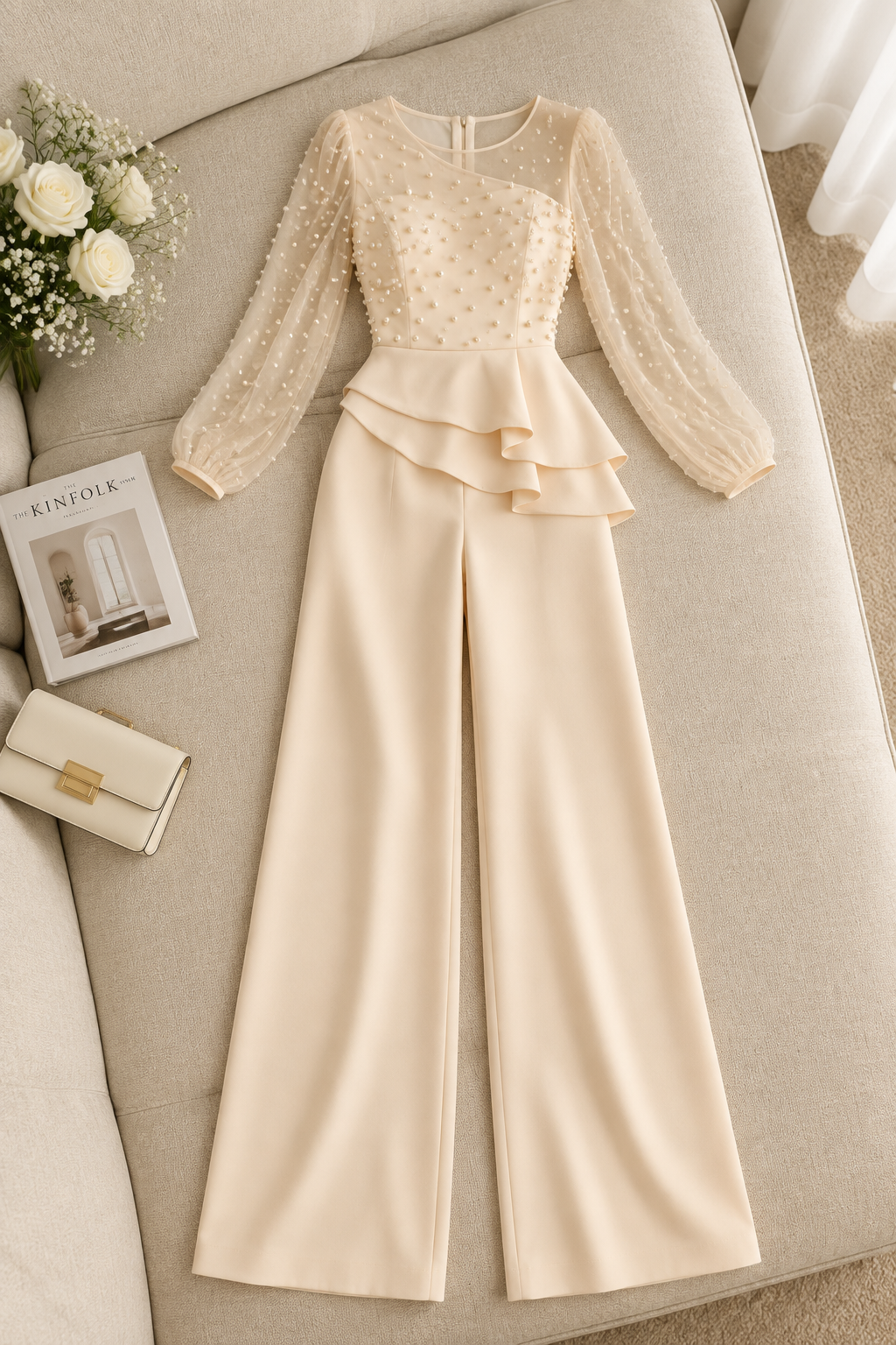 Conjunto Cream Top Tul Perlas Manga Larga Peplum + Pantalón Recto cod.CJ001