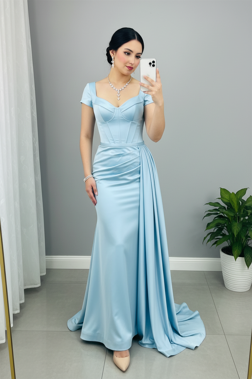 Vestido Sirena Azul Satén — Corset Ballenas, Escote Corazón & Drapeado Lateral Cola Amplia cod.886
