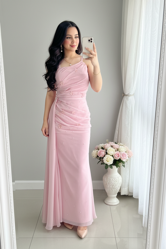Vestido Largo Rosa Palo Chiffon Perlas Drapeado cod.V718