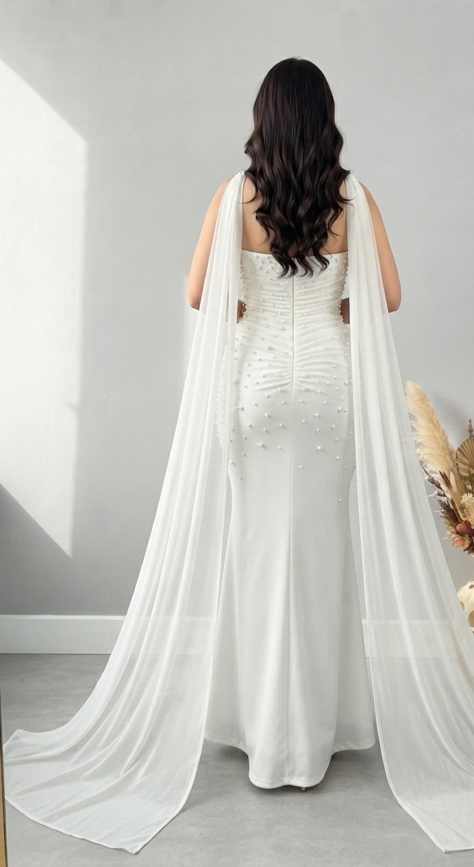 Vestido Sirena Blanco con Perlas y Capa Lateral cod.V808