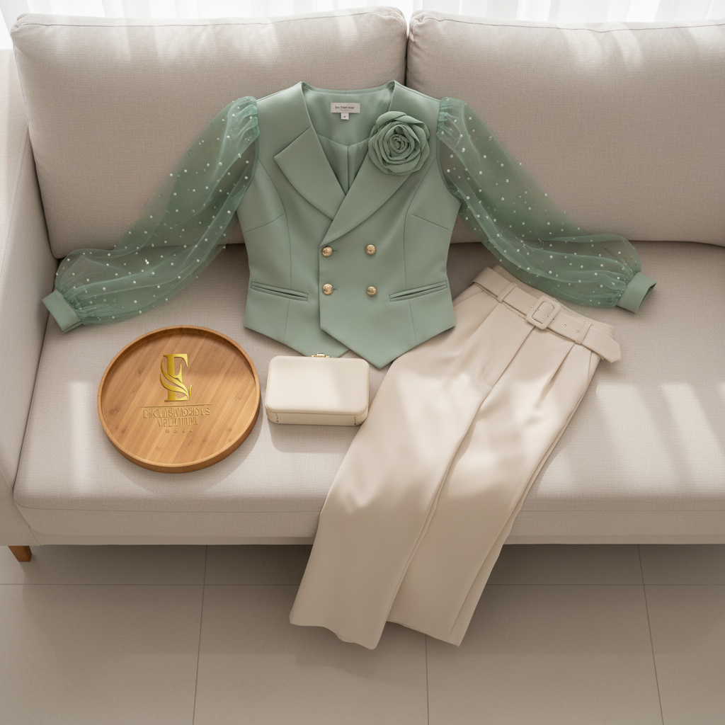 Conjunto Verde Menta y Crema: Blazer con Organza y Pantalón Palazzo cod.419