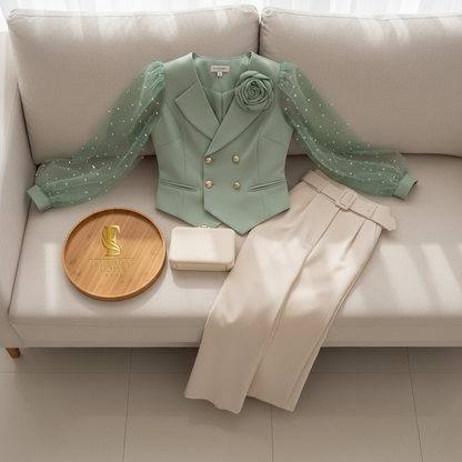 Conjunto Verde Menta y Crema: Blazer con Organza y Pantalón Palazzo cod.419