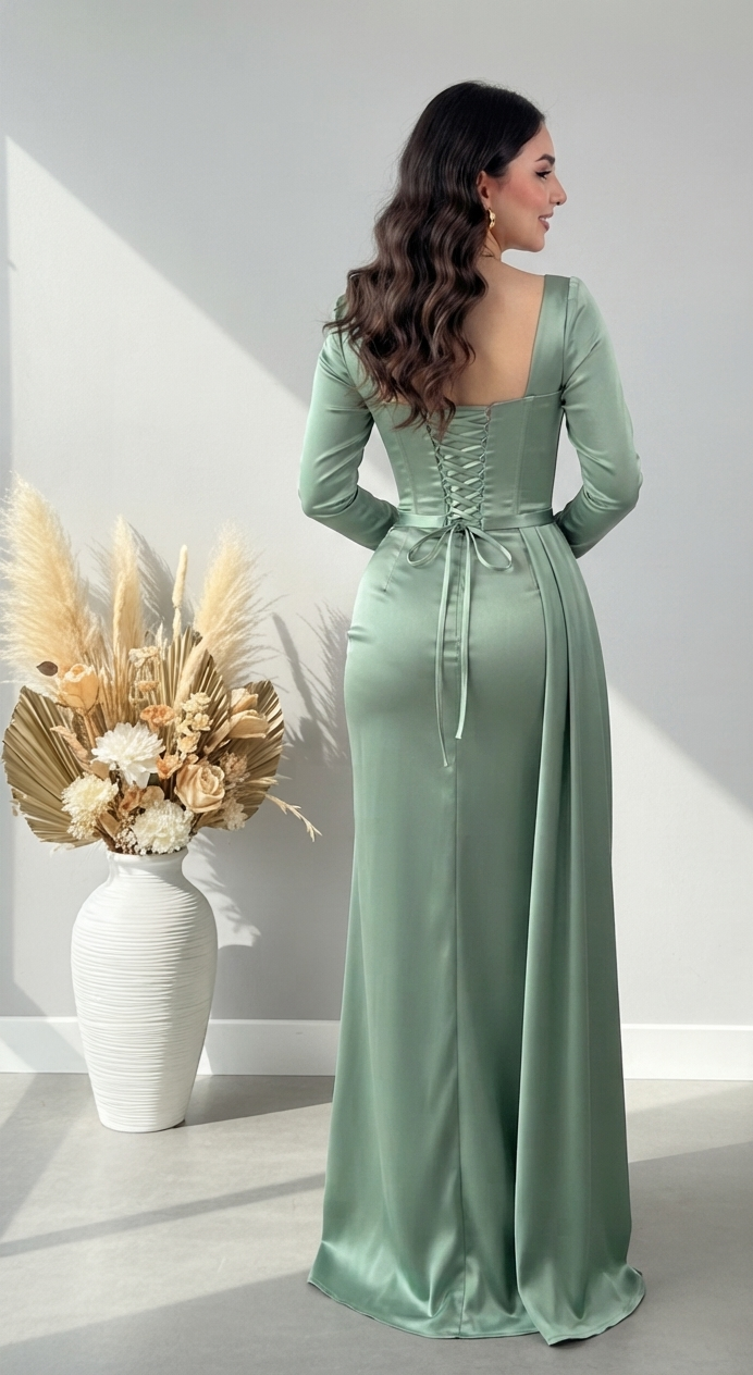 Vestido Largo Verde Salvia con Corset y Abertura