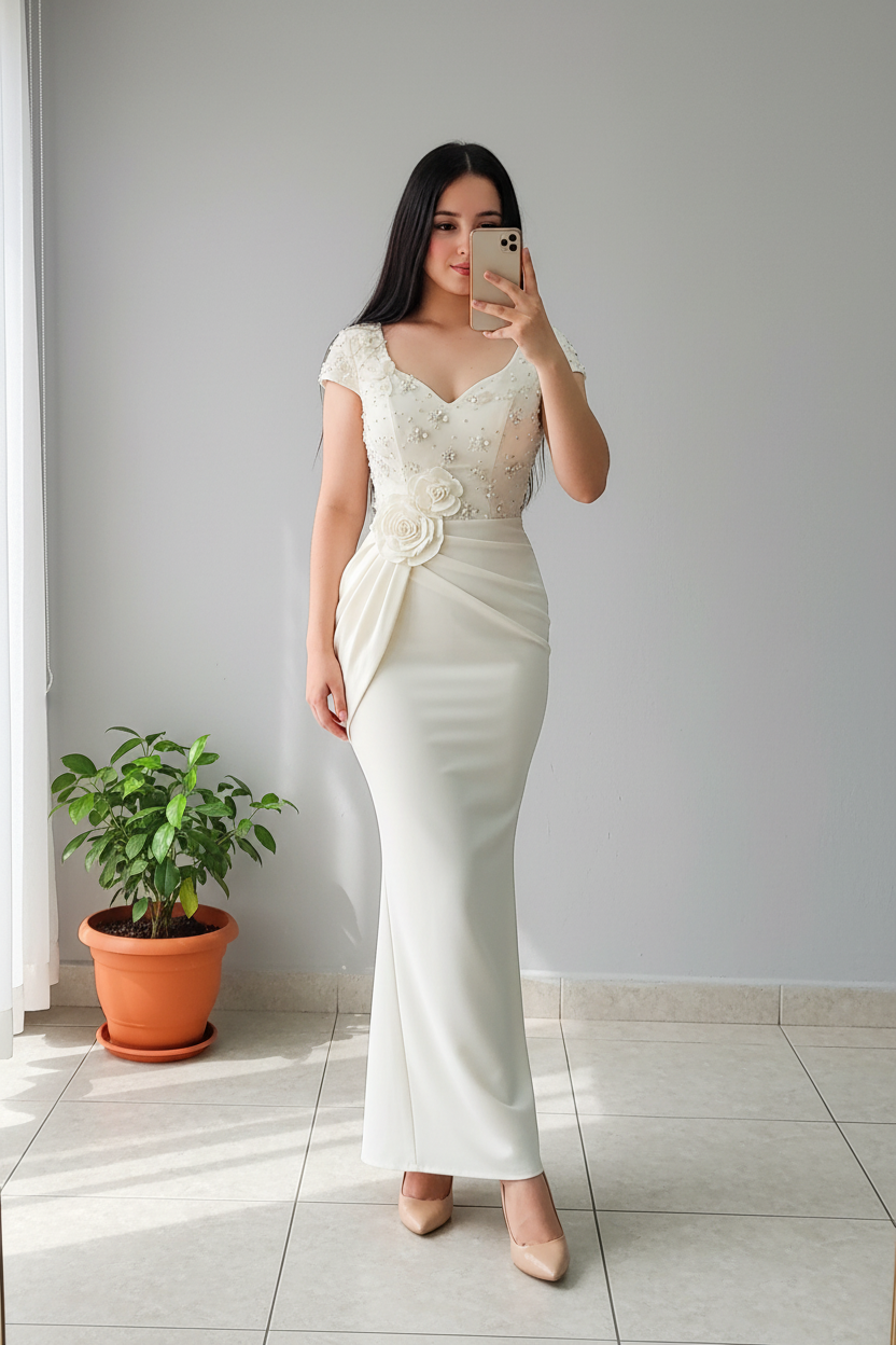 Vestido Formal Blanco con Apliques de Perlas y Flores cod.496