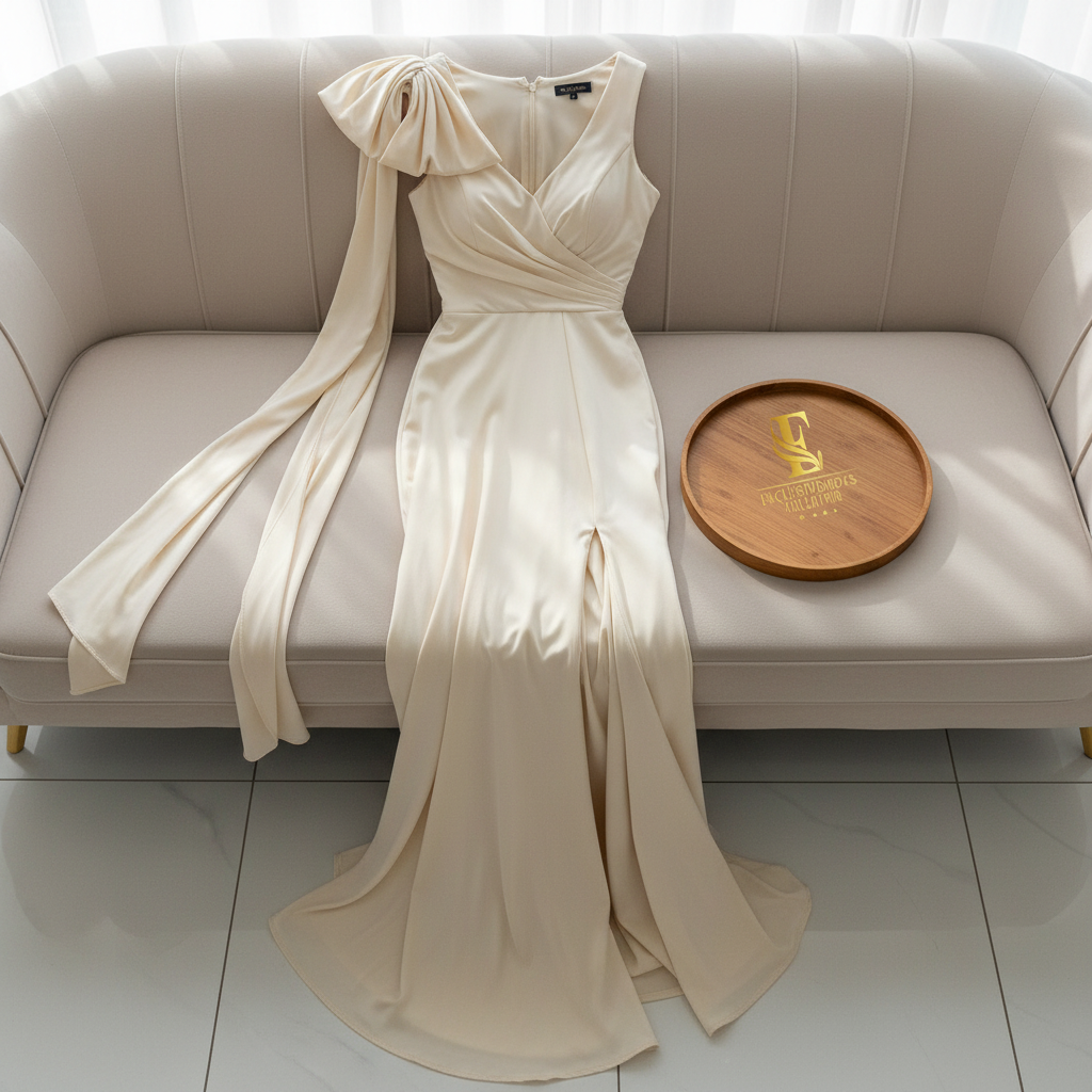 Vestido de Gala Champagne con Moño y Abertura - Elegante Drapeado Largo cod.346