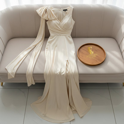 Vestido de Gala Champagne con Moño y Abertura - Elegante Drapeado Largo cod.346