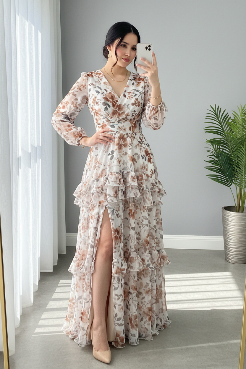 Vestido Crema Floral — Escote V, Volantes & Abertura cod.864