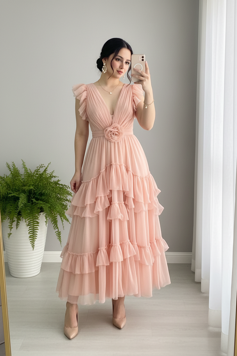 Vestido Rosa Blush Tul Sin Mangas Flutter Shoulders Escote V Rosa 3D Capas Volantes cod.833