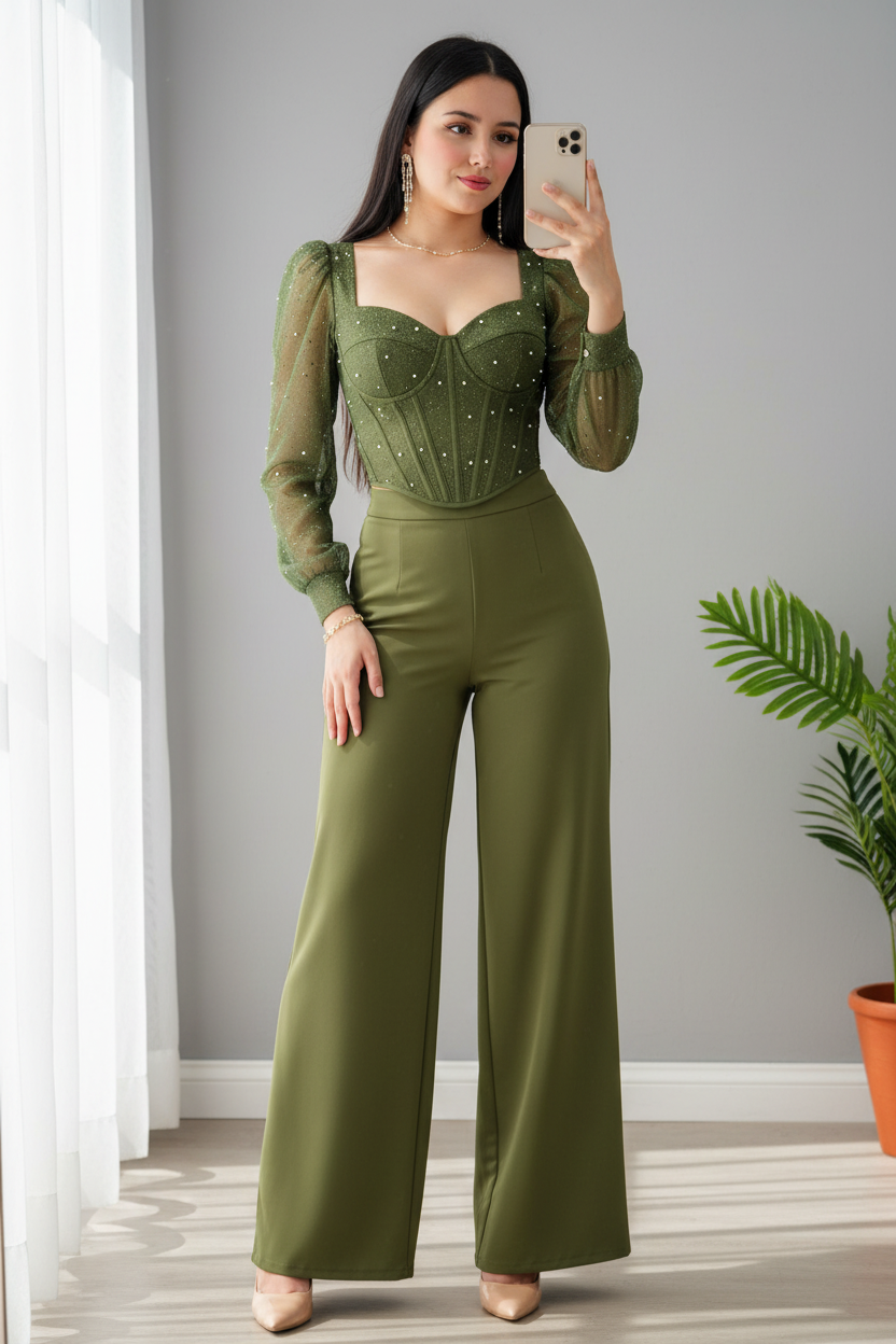 Conjunto verde oliva corset con mangas de tul y perlas doradas con pantalón palazzo