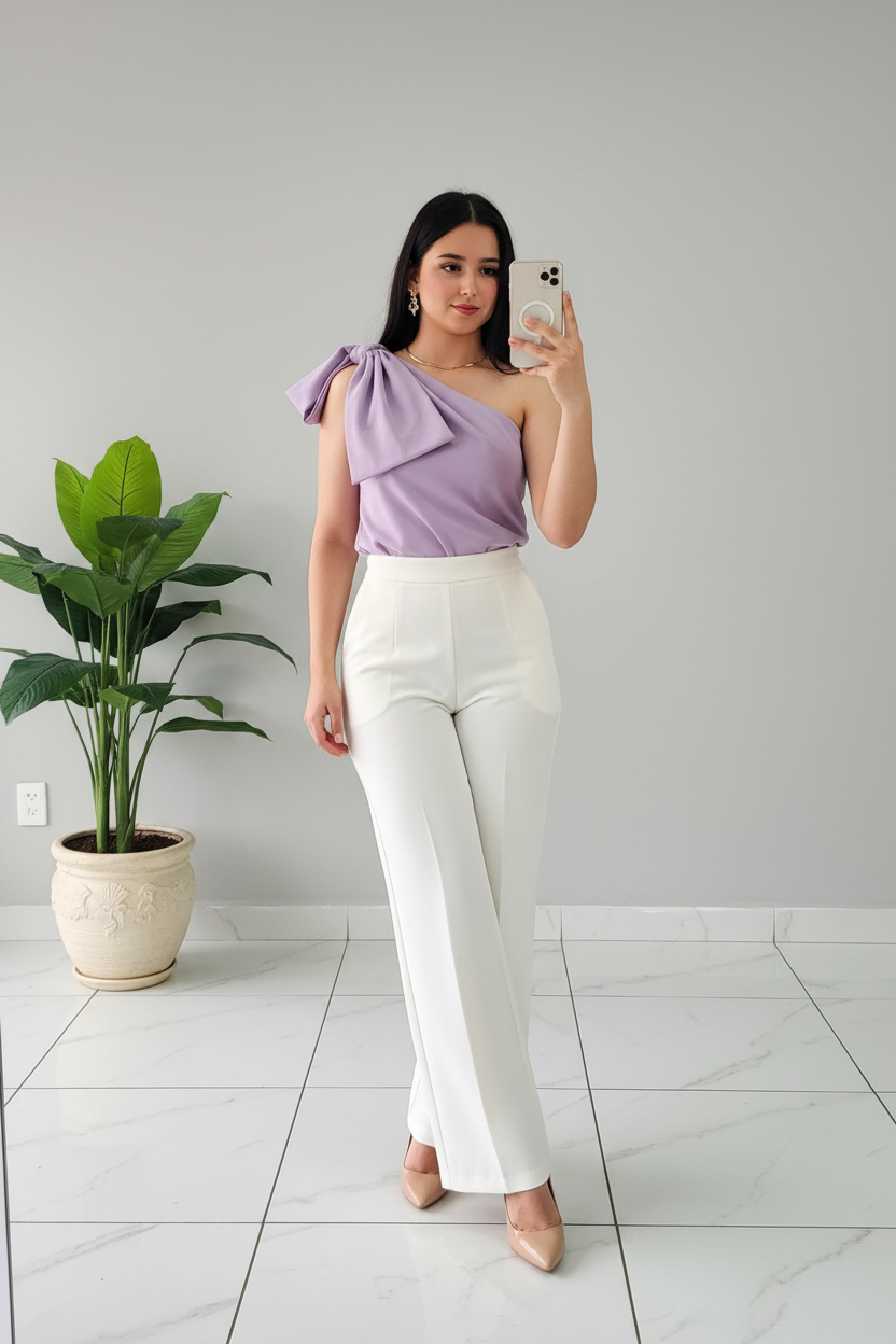Conjunto Lila: Top One-Shoulder con Lazo Mariposa y Pantalón Blanco Palazzo cod.394