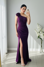 Vestido Morado Uva Un Hombro Rosa 3D Corsé Perlas cod.V0060
