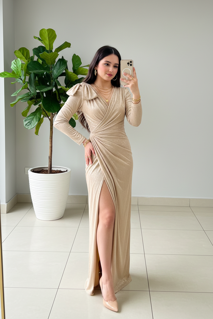 Vestido Dorado Metálico con Escote V Cruzado, Lazo en el Hombro y Abertura Lateral cod.377