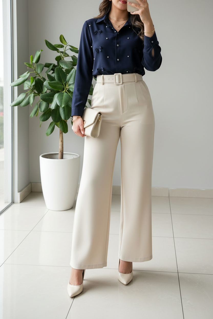 Pantalón Beige Palazzo de Tiro Alto con Cinturón Incluido cod.418
