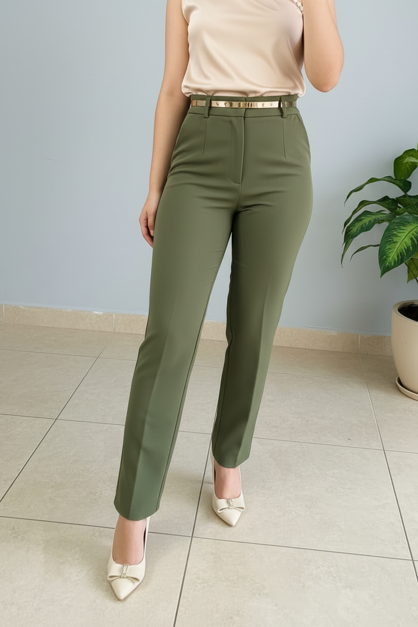 Conjunto Nude y Verde Olivo Top Un Hombro con Perlas y Pantalón Recto cod.488