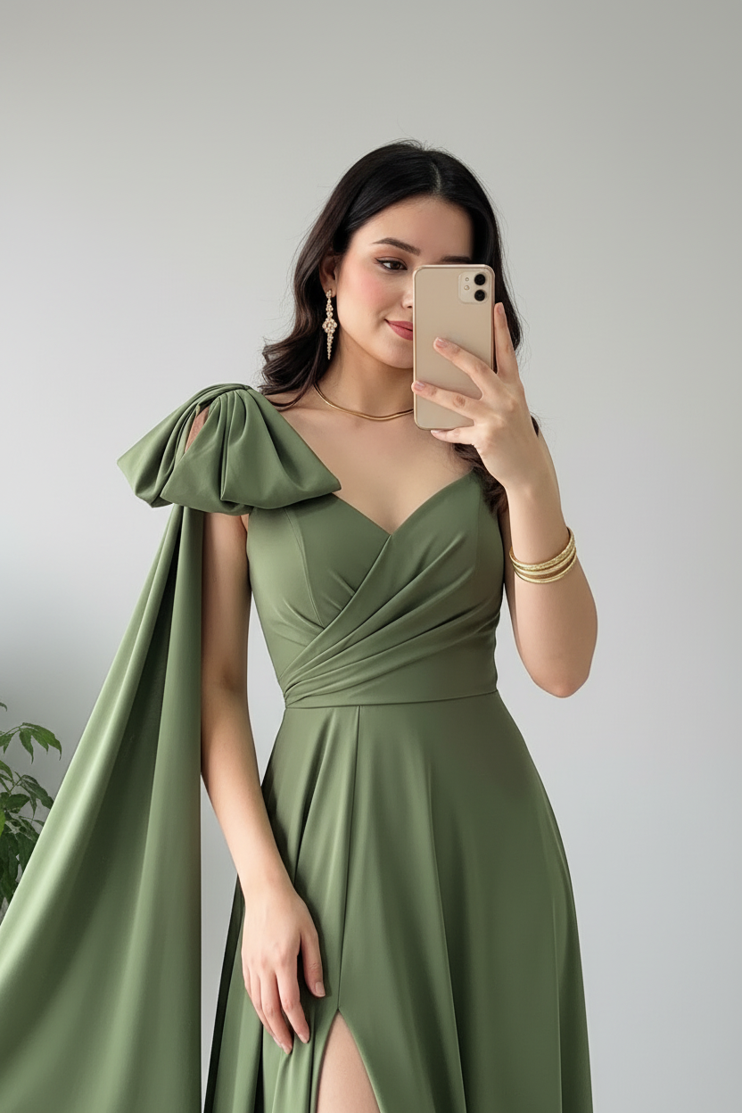 Vestido Largo Verde Oliva con Chal Integrado y Abertura Lateral cod.402