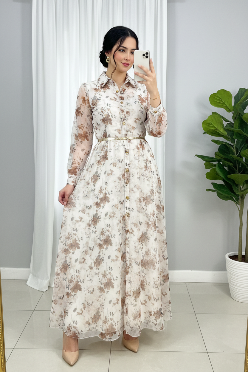 Vestido Floral Crema — Chiffon Botones Dorados cod.858