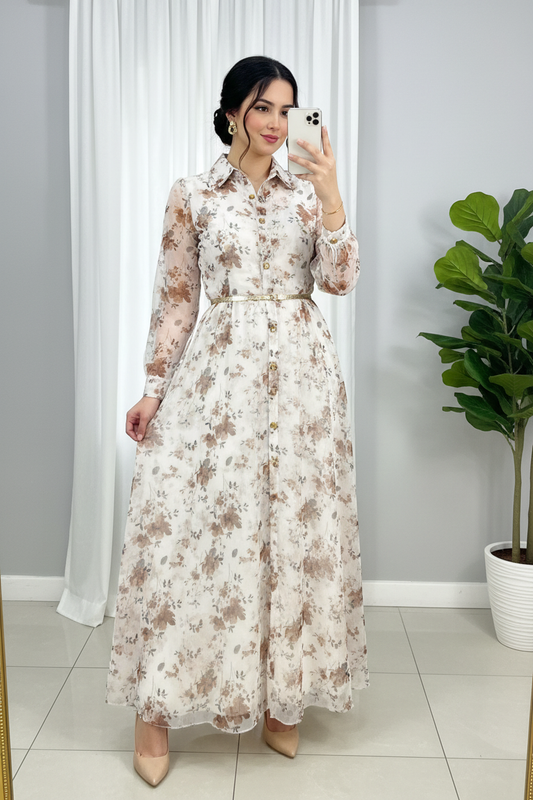 Vestido Floral Crema — Chiffon Botones Dorados cod.858