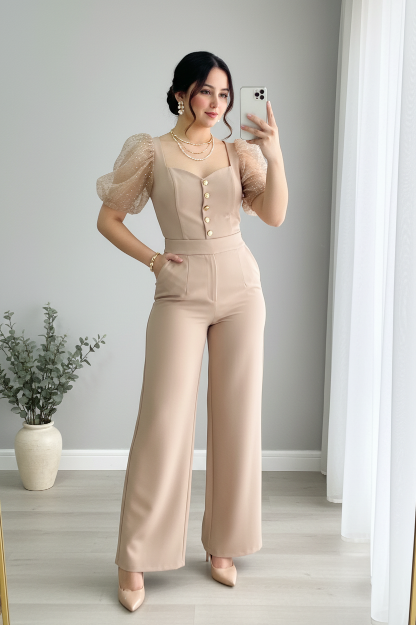 Jumpsuit Beige Champagne — Escote Corazón, Botones Dorados & Mangas Tul Perlas cod.880