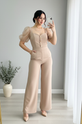 Jumpsuit Beige Champagne — Escote Corazón, Botones Dorados & Mangas Tul Perlas cod.880