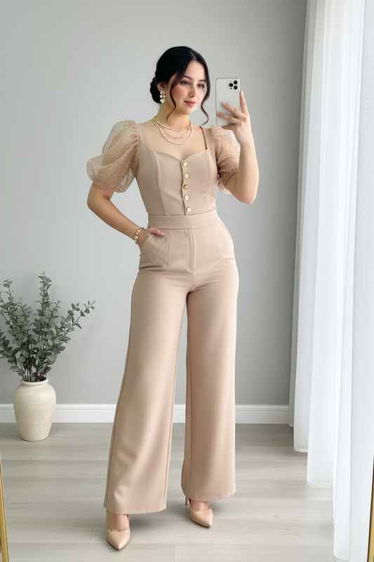 Jumpsuit Beige Champagne — Escote Corazón, Botones Dorados & Mangas Tul Perlas cod.880