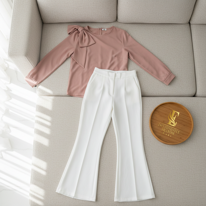 Pantalón Blanco Bootcut de Tiro Alto con Bolsillos Laterales cod.388