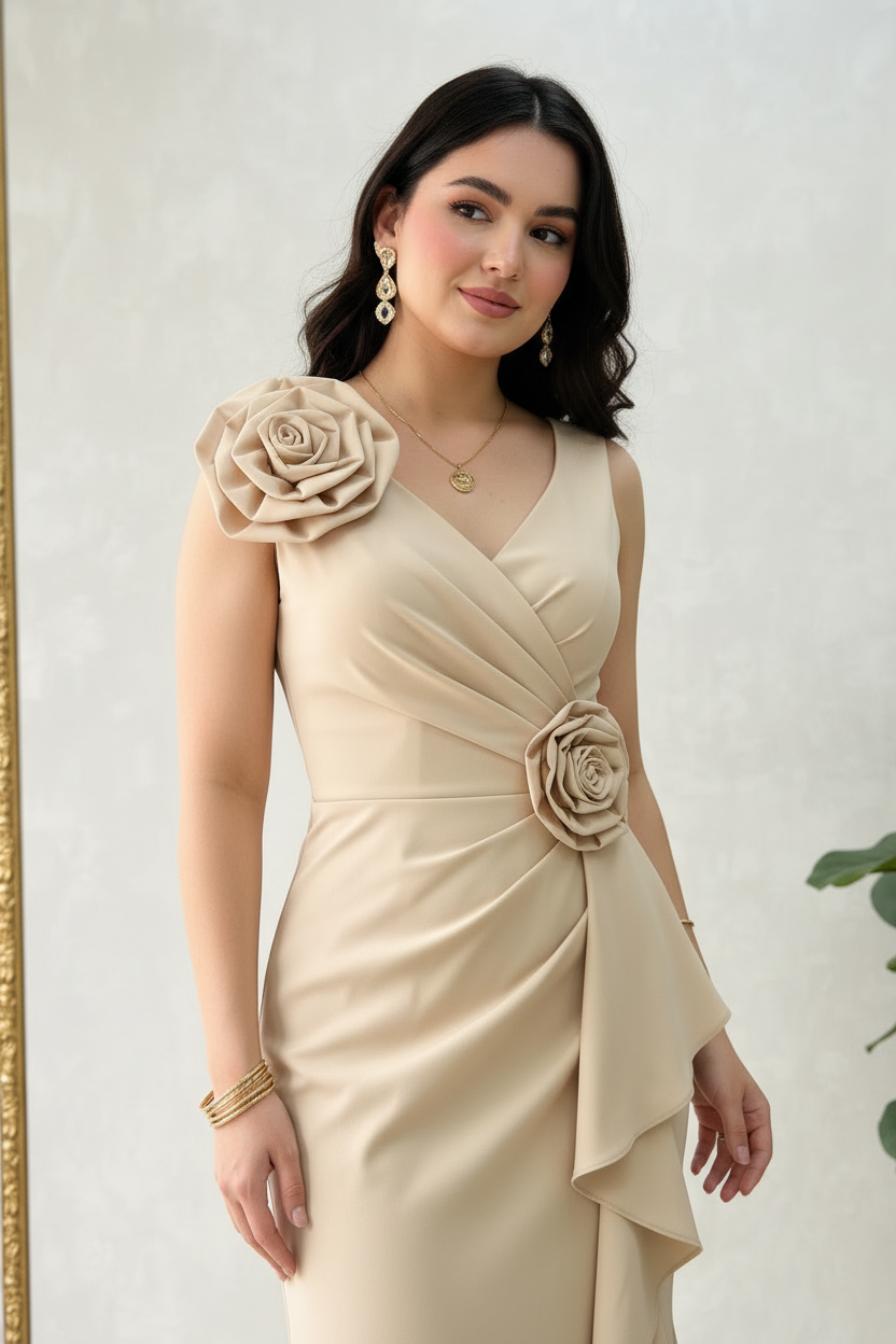 Vestido Largo Champagne con Dos Rosas 3D Artesanales y Volantes en Cascada cod.430