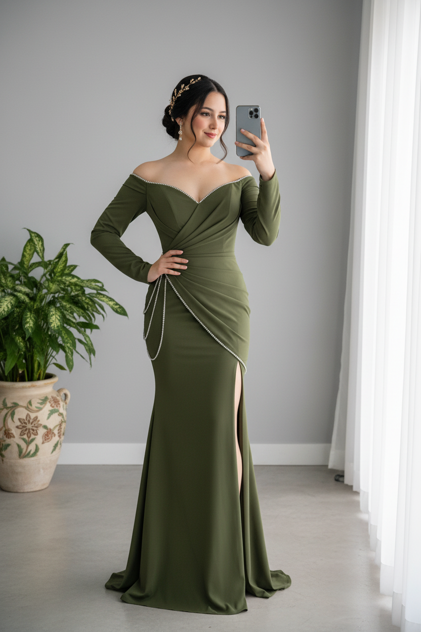 Vestido Verde Olivo Sirena Off-Shoulder Manga Larga con Cadenas de diamantes cod.0071