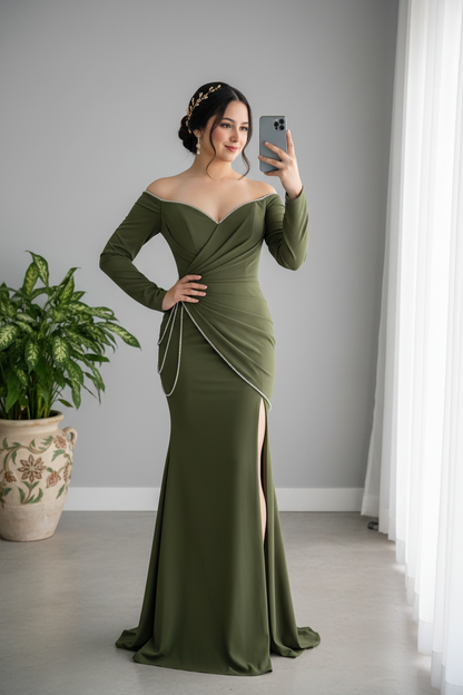 Vestido Verde Olivo Sirena Off-Shoulder Manga Larga con Cadenas de diamantes cod.0071