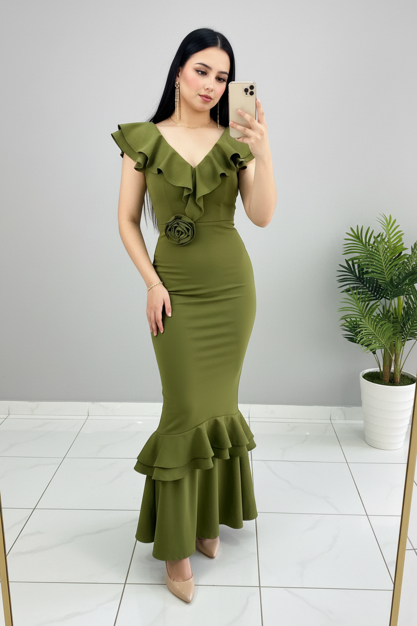 Vestido Verde Oliva Sirena con Volantes y Rosa 3D cod.648