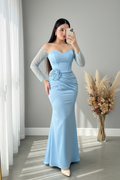 Vestido Azul Cielo Off-Shoulder Manga Tul Rosa D cod.V424