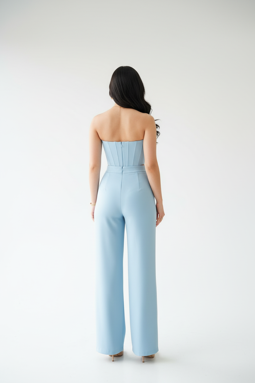 Conjunto Elegante Azul Celeste: Corsé con Rosa 3D + Pantalón Pierna Ancha - Sofisticado cod.343