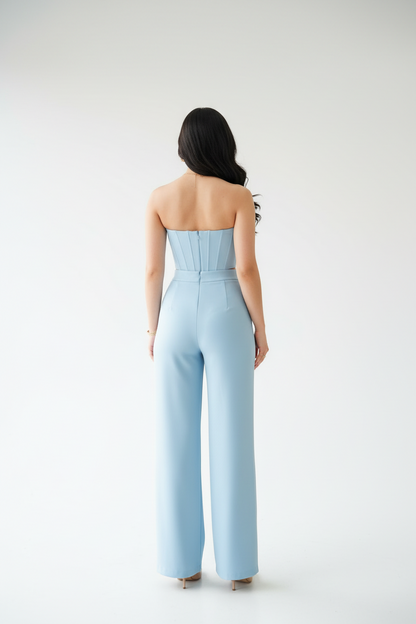 Conjunto Elegante Azul Celeste: Corsé con Rosa 3D + Pantalón Pierna Ancha - Sofisticado cod.343