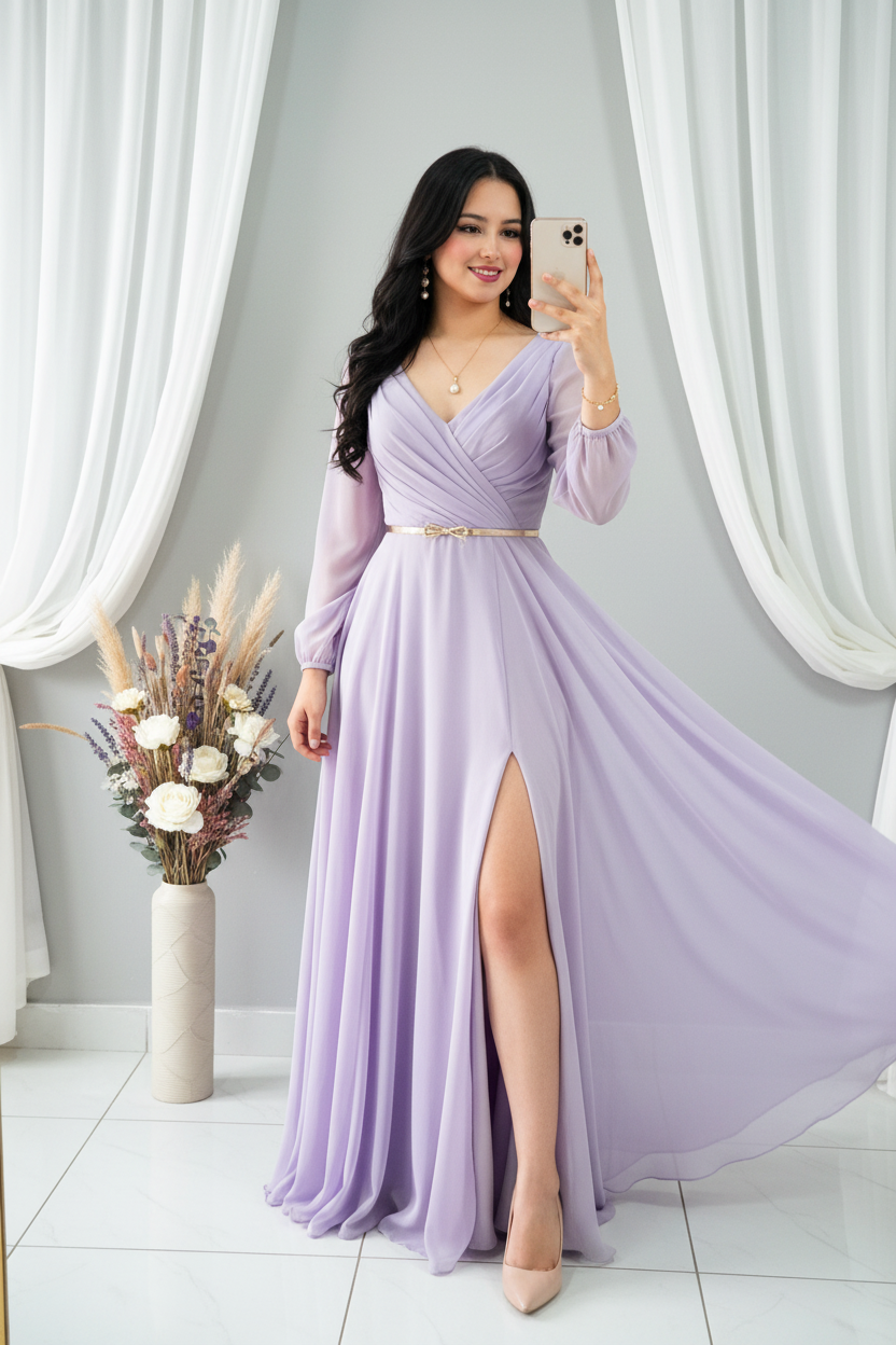 Vestido Lila Lavanda Largo Manga Globo Escote V con Cinturón Lazo Dorado cod.V299