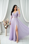 Vestido Lila Lavanda Largo Manga Globo Escote V con Cinturón Lazo Dorado cod.V299